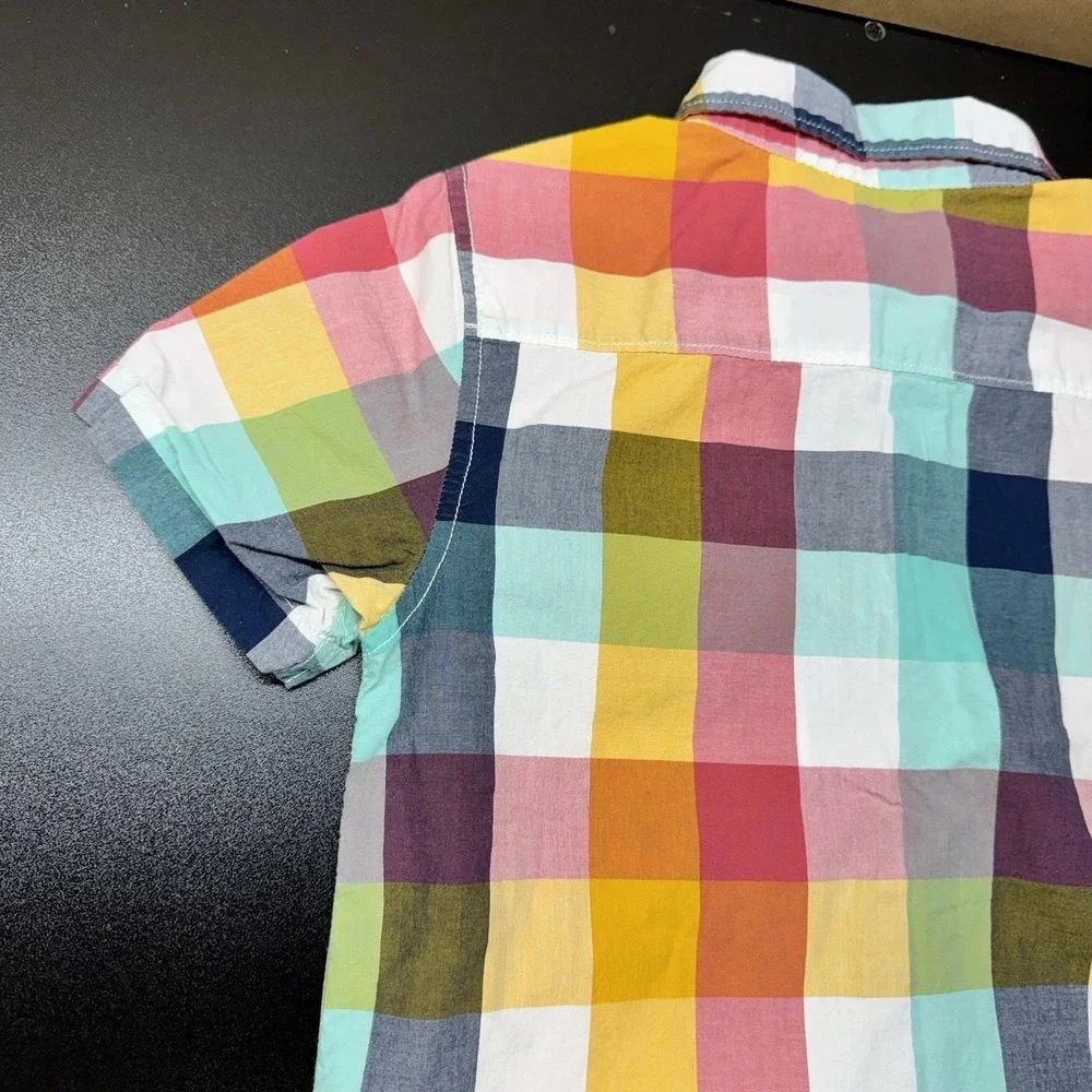 Gymboree Boys Rock Yellow‎ Blue Magenta Checkered Shirt Size S 5/6 Short Sleeve